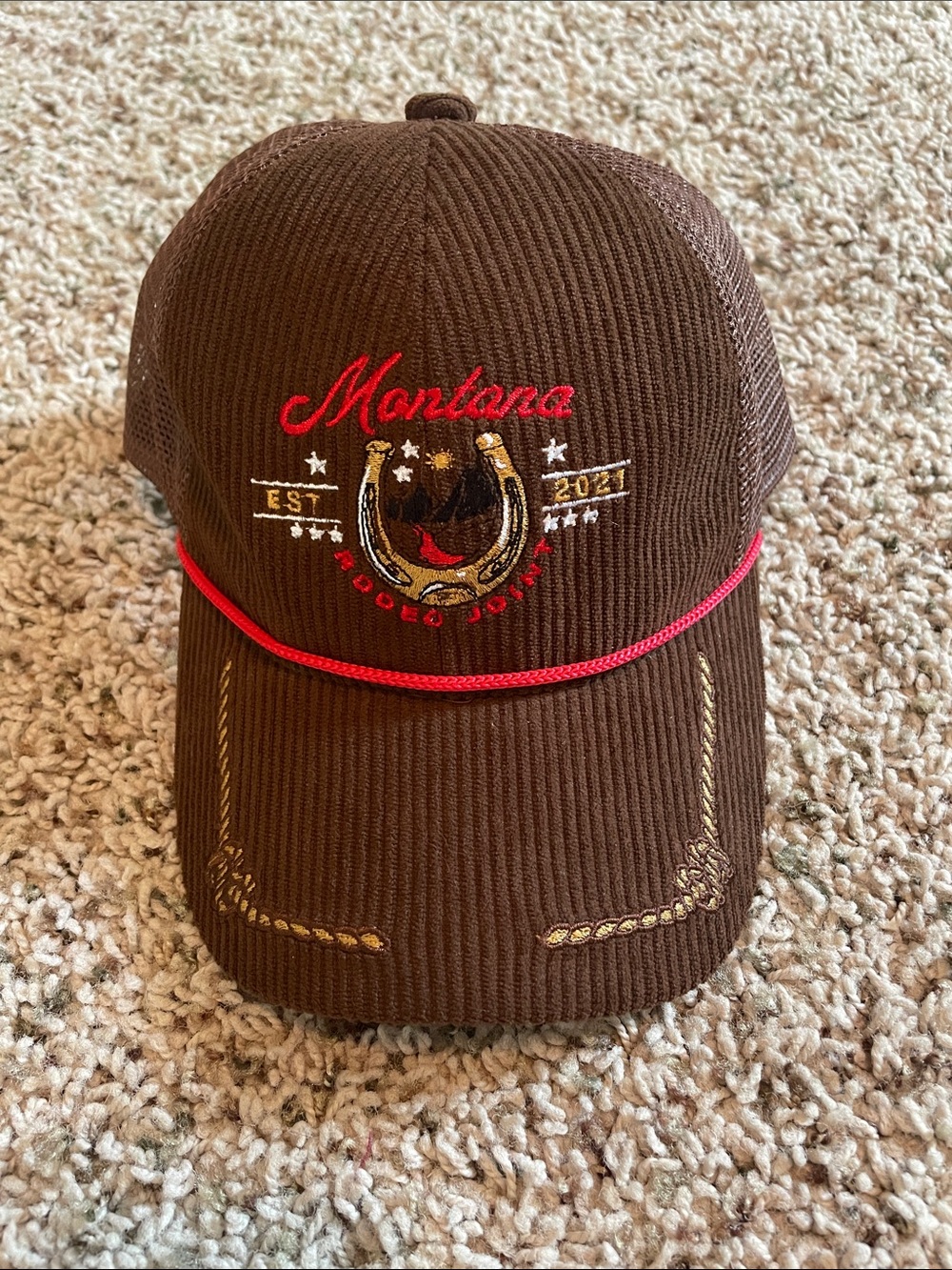 Anthropologie Brown Mesh Trucker Hat with Red Embroidery